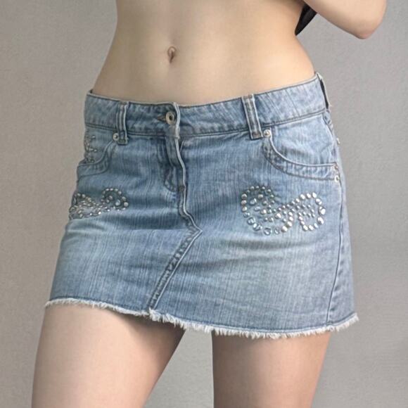 Y2K Jordache Micro Mini Bling Skirt Denim Light Wash McBling Size 3/4 - Picture 1 of 8